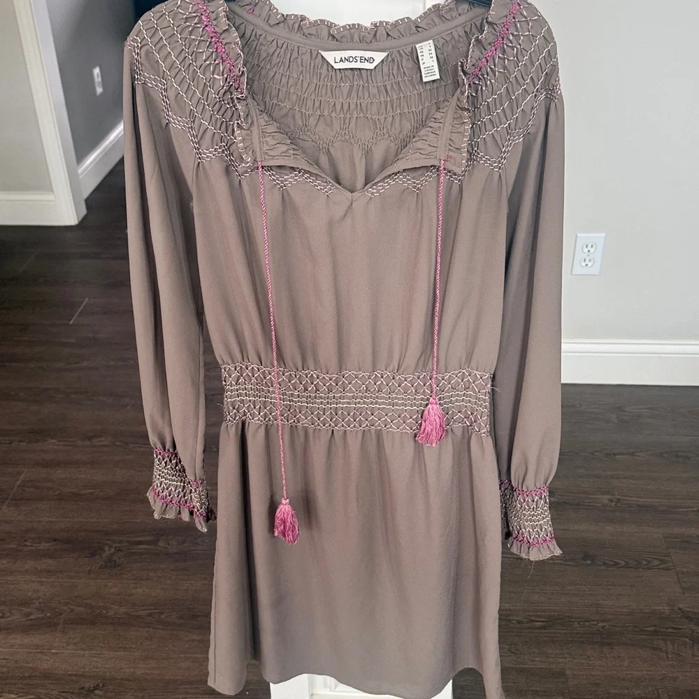 Lands' End olive green dress v neck pink embroidery - Picture 1 of 10